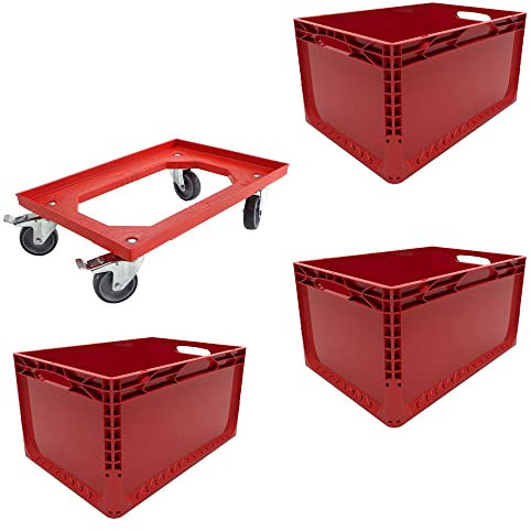 Set 3 Euroboxen + Rollwagen Transportwagen Transportroller Eurobehälter Lagerbox Rot Kistenroller Behälter Lagerkiste Stapelbox Lagerkasten Box Euronormbox Eurokiste Rot