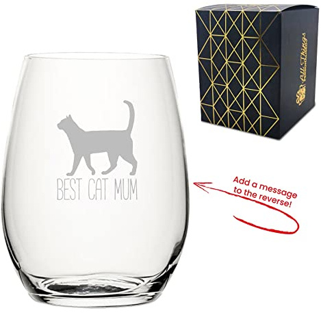 Personalised Engraved Novelty Stemless Wine Glass with Best Cat Mum Design, Add a Personalised Message to the Reverse, Laser Engraved, Gift Box Included, Gift for Mum, Birthday Gift, Cat Lover Gift