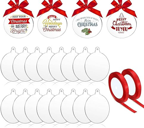 ZESABGE 50 Stück Transparent Acryl Weihnachtsschmuck Ornament,3Zoll Acrylscheibe mit Loch,Acryl kunststoffplatte für die Malerei,DIY Farbband Hängende Weihnachtsbaum Dekorative