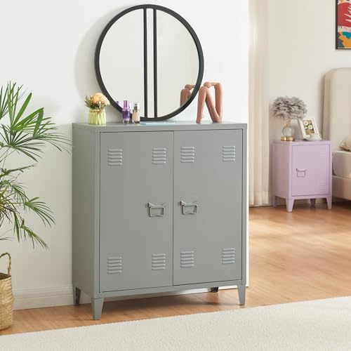 [en.casa] Metallskåp Oripää vardagsrumsskåp 90 x 80 x 33 cm arkivskåp verkstadsskåp med 2 dörrar och en höjdjusterbar hylla mörkgrå