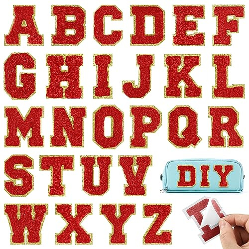 BOUBONI 26 Stück rote Buchstaben zum Aufbügeln von A bis Z, selbstklebende Chenille-Buchstabenflicken für Stoffkleidung