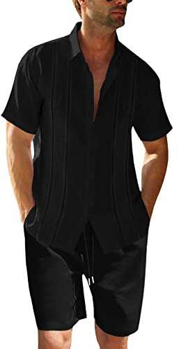 Runcati herrset i linne, 2-delat, normal passform, strandskjorta med knappar och shorts, kortärmade sommarkläder, svart, L