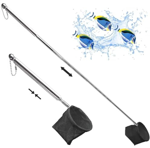 BUKYCAT Kescher Fischnetz, Aquarienkescher mit Teleskopstiel, aus Rostfreiem Stahl, zum Fangen von Kleinen Fischen und Garnelen und zur Reinigung des (Abgerundet, Schwarz)