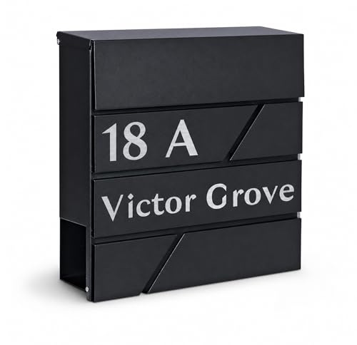 KreateSquare Personalised Contemporary Wall Mounted Post Box - Contemporary Lines Mailbox, Waterproof Letter Box, Key Lockable Postbox with Newspaper Slot (Black)