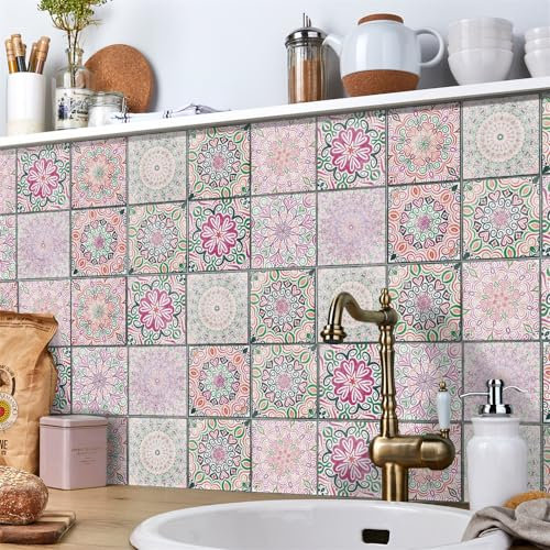Wandaufkleber Rosa Grün Mandala Mosaik Fliesen Vinyl Klebefliesen Wohndekoration Bad Wasserdicht Fliesenaufkleber Küche Ölfest Fliesenfolie 24 Stück/15x15cm