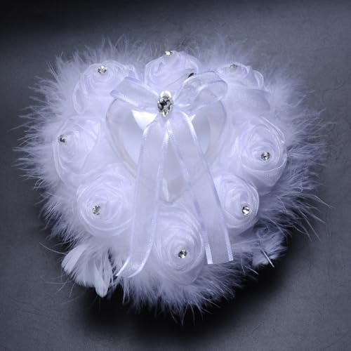 Wedding Ring Pillow, Heart Shape Rose Wedding Ring Box Pillow Gift Cushion Rose Cushion Box (White)