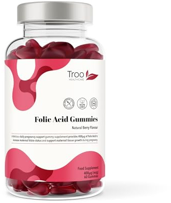Troo Health Care Folic Acid 400μg Gummy Prenatal Supplement - 60 Natural Berry Flavour Gummies to Support Health Pregnancy & Foetus Development - No Common Allergens or GMO