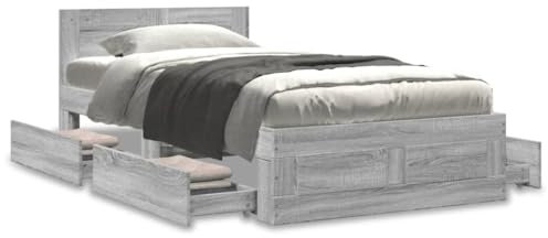Homgoday Bettgestell mit Schubladen Bettrahmen Stauraumbett Holzbett Doppelbett Einzelbett Bett mit Kopfteil Lattenrost für Schlafzimmer Gästezimmer Grau Sonoma 90x200 cm Holzwerkstoff