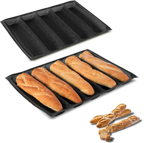 KR KITCHENRAKU Upgraded Silicone Perforated Baking Forms 13.4x18.5, Sandwich Mold, French Baguette Bread Pan, Food Mat, 5 Loaf Non-Stick Baking Liners