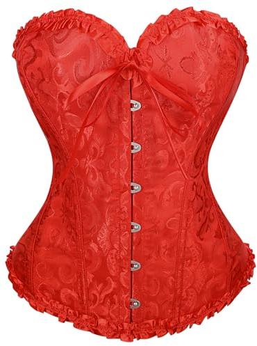 VONMELLI Korsett Damen Spitze Up Boned Overbust Vollbrust Corset Bustier Gothic Corsage Dessous Top Rot L