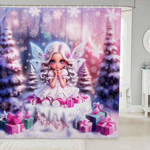 Nette Prinzessin 180Bx210L Bad Vorhang für Kinder Mädchen Kawaii Weihnachten Badezimmer Vorhang Fantasie Weihnachten Schneeflocke Duschvorhang Winter Urlaub Geschenk Badezimmer Zubehör Zimmer Dekor