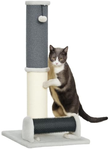 PawHut Poste Rascador para Gatos 85 cm con Poste de Sisal Gris y Crema | Arañador para Gatos, Cepillo de Auto Acicalado, Bola de Juguete