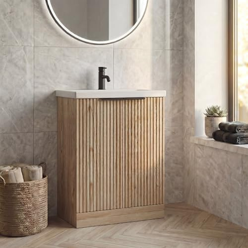 BAYSTONE® Fluted 600mm Bathroom Vanity Unit Ceramic Wash Sink, Cloakroom Storage Furniture Under Basin Cabinet Floorstanding Cupboard, Wood