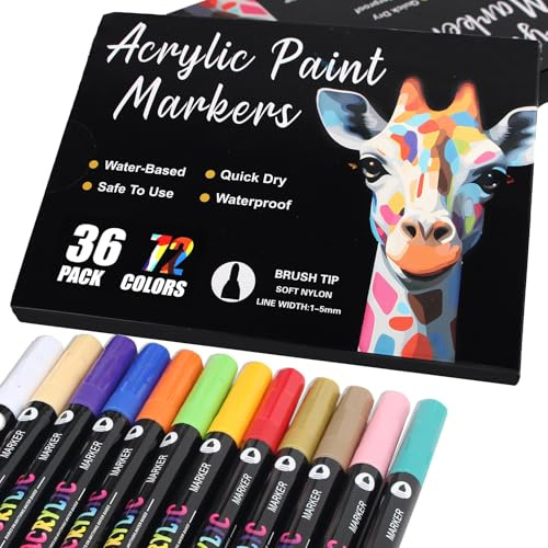 AEDAGA 36 Doppelspitze Acrylstifte, 72 Farben Pinselspitze Acrylic Marker | Vielseitig einsetzbar | Zweifarbige | Wasserfest | Starke Deckkraft | Acrylmarker für Steine, Holz, Leinwand, Kunststoff