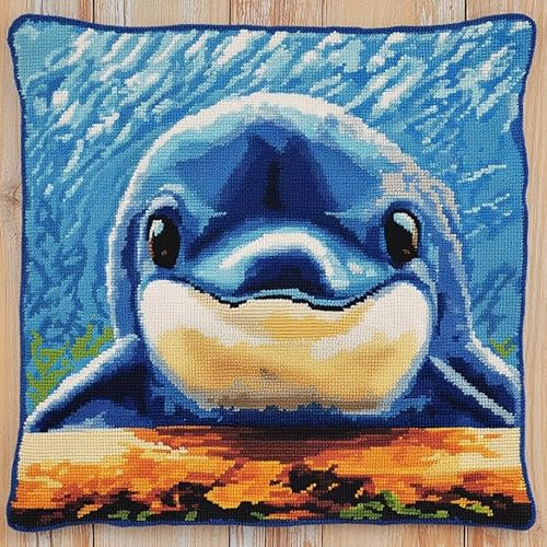 ASONGLINGO Knüpfkissen-Set, Cartoon-Delfin Kreuzstich Knüpfkissen Zum Selber knüpfen Kissen Set,DIY Knüpfteppich Knüpfpackung,Knüpfhaken Set,43x43cm