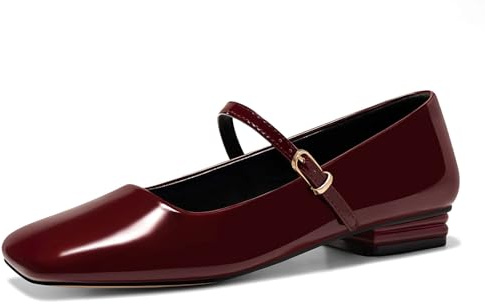 Coutgo Women's Mary Jane Flats Closed Square Toe Ballet Flat Dressy Comfortable Slip on Shoes, Burgundy, Size 9.5