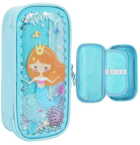 OFFCUP Astuccio Matite di Grande Capacità Borsa con 3 Scomparti e Porta Penne Astuccio Impermeabile Chiusura Lampo Ampia Apertura per Scuola Ufficio per Bambini Studenti -Sirena