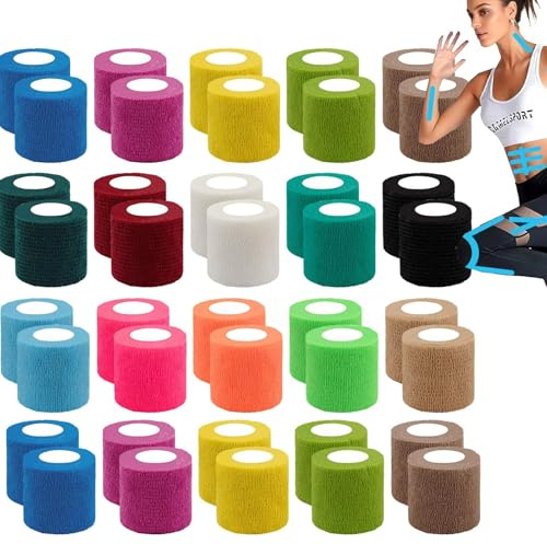 Selbstklebender Verband,20 Rollen 5cm x 4.5m Elastische Verbandsmaterial Selbsthaftende Bandage, Fixierbinde Haftbandage Selbstklebend für Sport Erste Hilfe Vet Wrap Hund Pferde 12 Farben