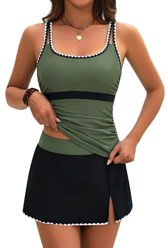 BMJL Women's Tankini Swimsuits Tummy Control Two Piece Bathing Suit Modest Swim Skirt Color Block Swim Suits 2026 (Medium, Army Green)