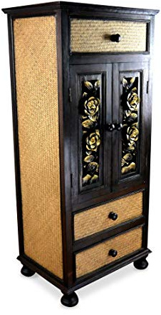 livasia Asiatischer Schrank aus Massivholz und Rattan – 50x40x120cm – Handgeschnitztes Highboard aus nachhaltigem Akazienholz, Asiatische Eleganz für Zuhause
