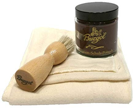 Schuhpflegeset mit Burgol - Schuhpomade Mittelbraun Tiegelbürste zum Auftragen und Baumwolltuch