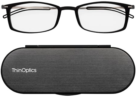 ThinOptics Brooklyn - Gafas de lectura 2.00 rectangulares con marco negro con funda magnética Milano, delgada, ligera, compacta, fuerza 2.00