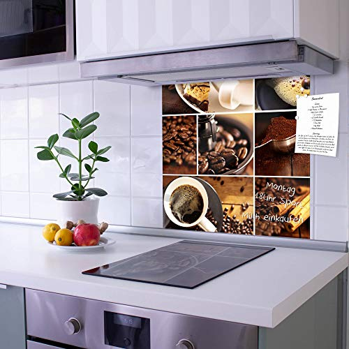 banjado Küchenrückwand Glas ohne Bohren 50x50cm – Glasrückwand Küche mit Motiv Kaffee/Spritzschutz Küchenrückwand Glas/selbstklebende Küchenrückwand Platte - magnetisch & beschreibbar