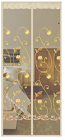 LIVEINU Magnet Fliegengitter Tür Insektenschutz Moskitonetz Fliegenvorhang für Balkontür Wohnzimmer Klebmontage Ohne Bohren 85x200cm Stickerei Pfingstrose Beige