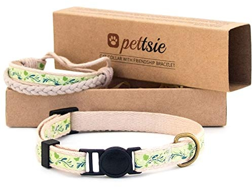 Pettsie Katzenhalsband und Freundschaftsarmband Set, Grün, 12,7-20,3 cm | Sicheres Design, Weiche Baumwolle, D-Ring für Zubehör, Einfach Einstellbar
