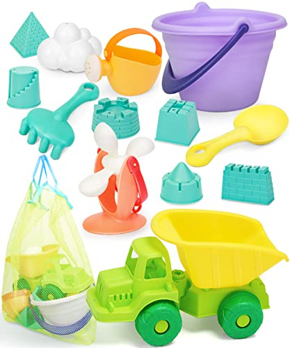 Dreamon Strand Sandspielzeug mit Netzbeutel Burgenförmchen Gießkanne Spaten 13tlg Sandkasten Spielzeug Set für Junge Mädchen Kinder