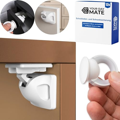 Unsichtbare Schubladen- und Schranksicherung, Komplett Set für bis zu 12 Schubladen und Schranktüren, mit Anleitung, 12 Schlösser + Schlüssel Set, magnetische Kindersicherung zum Kleben oder Schrauben
