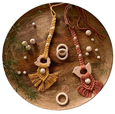 Makramee Spielbogenanhänger/Anhänger für Mobile/Maxicosikette Holztier boho Geschenk Baby Geburt Mädchen Junge Baumwolle Schnullerkette