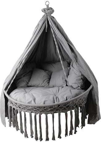 ALEOS. Hängesessel CHILL Schwebeliege Hängelounger Doppellounge Hängenest Hängezelt Hängesofa für 2 Personen mit vielen Kissen und Vorhang in grau faltbar klappbar