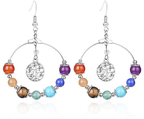 SALAN 7 Chakra Arbre De Vie Femmes Goutte Boucles d'oreilles Naturelles Rondes Gemme De Pierre De Pierre De Pierre Réïi Guérison Cristal Boucles d'oreilles Bijoux Bohémiens