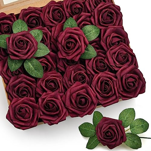 Mocoosy 50 Pcs Fleurs De Rose Artificielles, Real Touch Foam Faux Rose en Vrac avec Tige pour Bouquets De Mariage Centres De Table Bridal Shower Party Home DIY Décoration (Bourgogne)