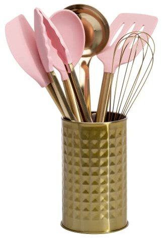 Paris Hilton Kitchen Set Tool Crock with Silicone Cooking Utensils, Stainless Steel Whisk and Ladle, 7-Piece, Pink and Gold