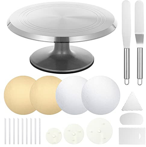 Kinsinder Plateau à Gâteaux en Aluminium,12 Pouces Plateau Tournant pour Le Gâteau Alliage D'aluminium avec spatule à Glaçage, Peigne à Glaçage, Support à Gâteau pour Pâtisserie, Cupcakes