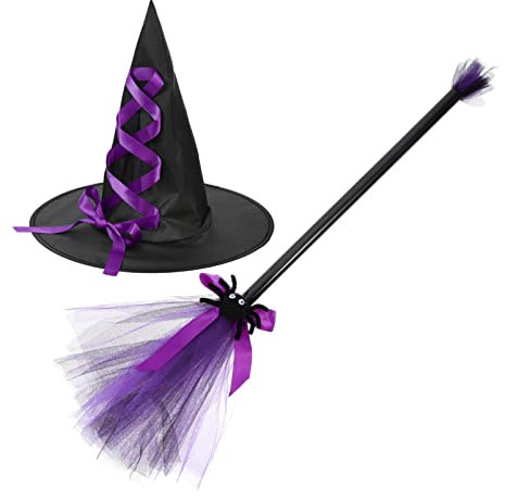 TOYANDONA Halloween Hexenbesen Hut Set Hexenhut mit Halloween Hexenbesenstiel für Cosplay Requisiten Hexenkostüm Zubehör ()