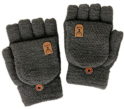 huiba Guantes calientes sin dedos guantes con solapa convertibles de punto extensible, guantes de medio dedo para niños de 2 a 15 años