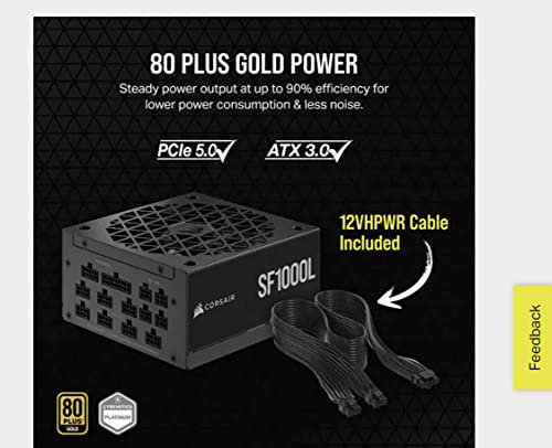 Corsair SF1000L Fully Modular Low-Noise SFX Power Supply - ATX 3.1 & PCIe 5.1 Compliant - Quiet 120mm PWM Fan - 80 PLUS Gold Efficiency - Zero RPM Mode - 105°C-Rated Capacitors - Black