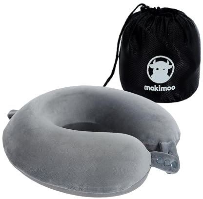 Makimoo Travel Neck Pillow, Top Memory Foam Pillow for Head Support, Ideal for Airplanes, Cars, and Home Recliners, Adjustable and Soft (Grey)
