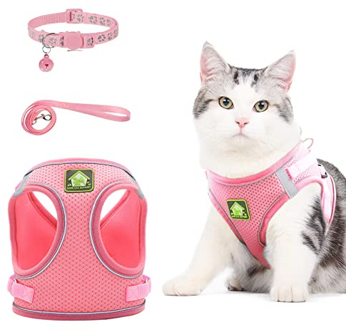 NeuWee Katzengeschirr mit Leine Ausbruchsicher, Katzengeschirr Leine Set mit Katzenhalsband, Katzenleine mit Geschirr für Katzen, Verstellbar Cat Harness für Kleiner Hund Große Katzen(L, Rosa)