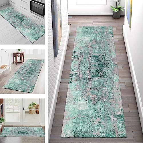 Teppich Läufer Flur Küche rutschfest waschbar Teppichläufer Lang Korridor Tepiche 100X250CM Türkis Hellrosa Küchenläufer Teppichmatten Meterware Schlafzimmer Wohnzimmer Küchen Läufer Matte Anpassbar