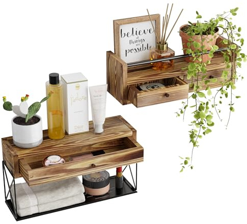 ENPKLUTE Schweberegale mit Schublade 2er Set Wandkörbe Badregal mit Schutzgitter Rustikale Regale für Badezimmer Schlafzimmer