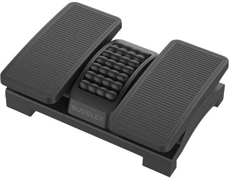 BUDDLEY Ergonomische Fußstütze für Büro oder Home Office - viele verschiedenen Fußauflagen Variationen - Fusstütze für Schreibtisch (Schwarz, Verstellbar mit Massagerollen)