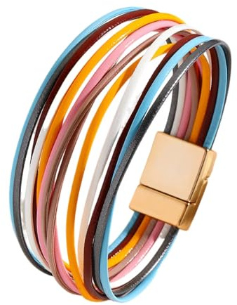 KunBead Sparkly Colorful Leather Wrap Bracelets for Women Handmade Braided Multilayer Magnetic Buckle Bracelet Wristband Cuff Bangle Boho Bohemian