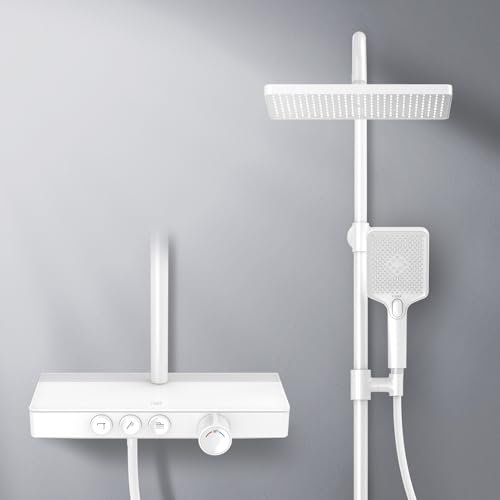 EMKE - Columna de ducha termostática, color blanco mate, con ducha de lluvia termostática y ducha de mano, 3 tipos de chorros, panel termostático de 36 cm, ducha de lluvia de 30 cm