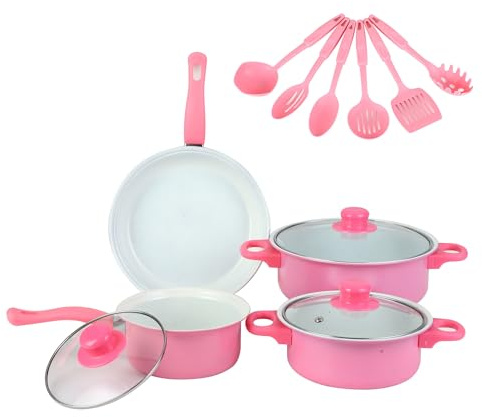 WXFKLDJ Rosa, Set di Pentole, Pentole E Padelle da 13 Pezzi con Utensili, Superficie di Cottura Antiaderente E Resistente Ai Graffi, Senza PFOA, Compatibile con Tutti I Fornelli