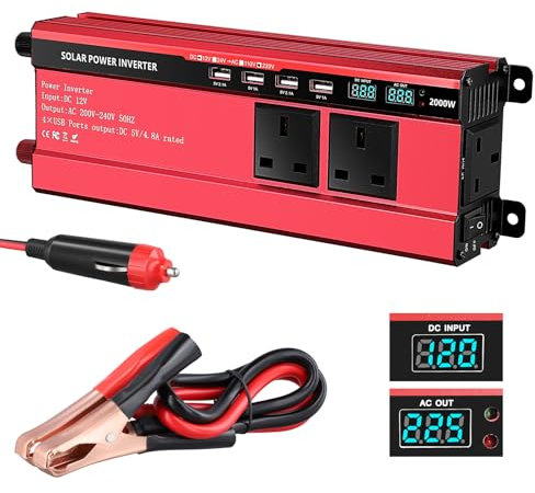 2000w Inverter 12v to 240v,Aluminum Car Power Inverter DC 12v to AC 240v with 3 UK Sockets 4 USB,Power Inverter with LED Display & 8-tier Safety Protection for Travel, Camping
