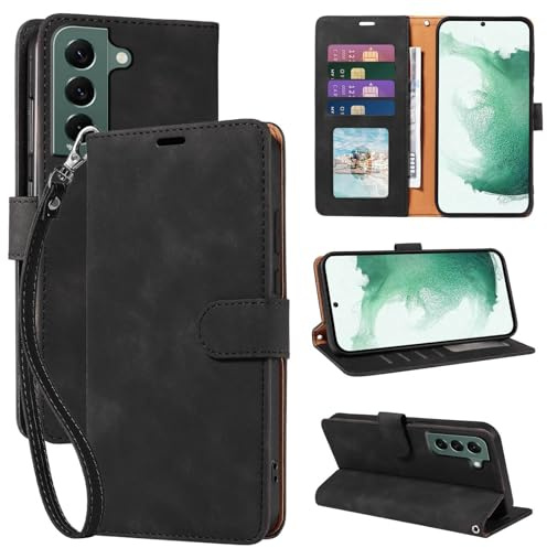 GOTOURED RFID Blocking for Samsung Galaxy S22 Case Wallet (Black) | 4 Card Slots, Soft PU Leather, TPU Inner Shell, Wrist Strap, Kickstand, Magnetic Folio Flip Cover, Shockproof Protective